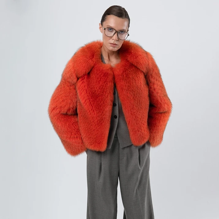 Winter Women Real Fox Fur Short Coat Luxury Fashion Orange Natural Fox Fur Jacket Outwear Whole Skin Warm Thick Overcoat