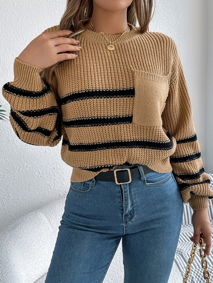 Women's Pullover Sweater 2025 Autumn Winter Latest Round Neck Contrasting Striped Pocket Lantern Sleeves Hoodie Long Sleeved Top