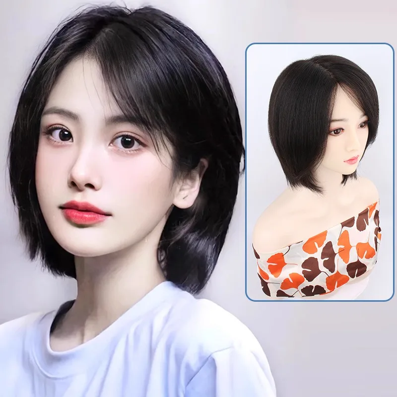 Full Lace Human Hair Wig, Hand Tied Top, Side Part Short Wig For Middle Aged Women