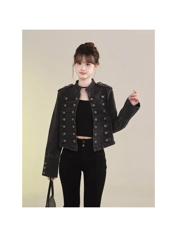 Veste courte en Denim rétro américain pour femmes, manteau de moto décontracté à manches longues et col montant d'inspiration militaire