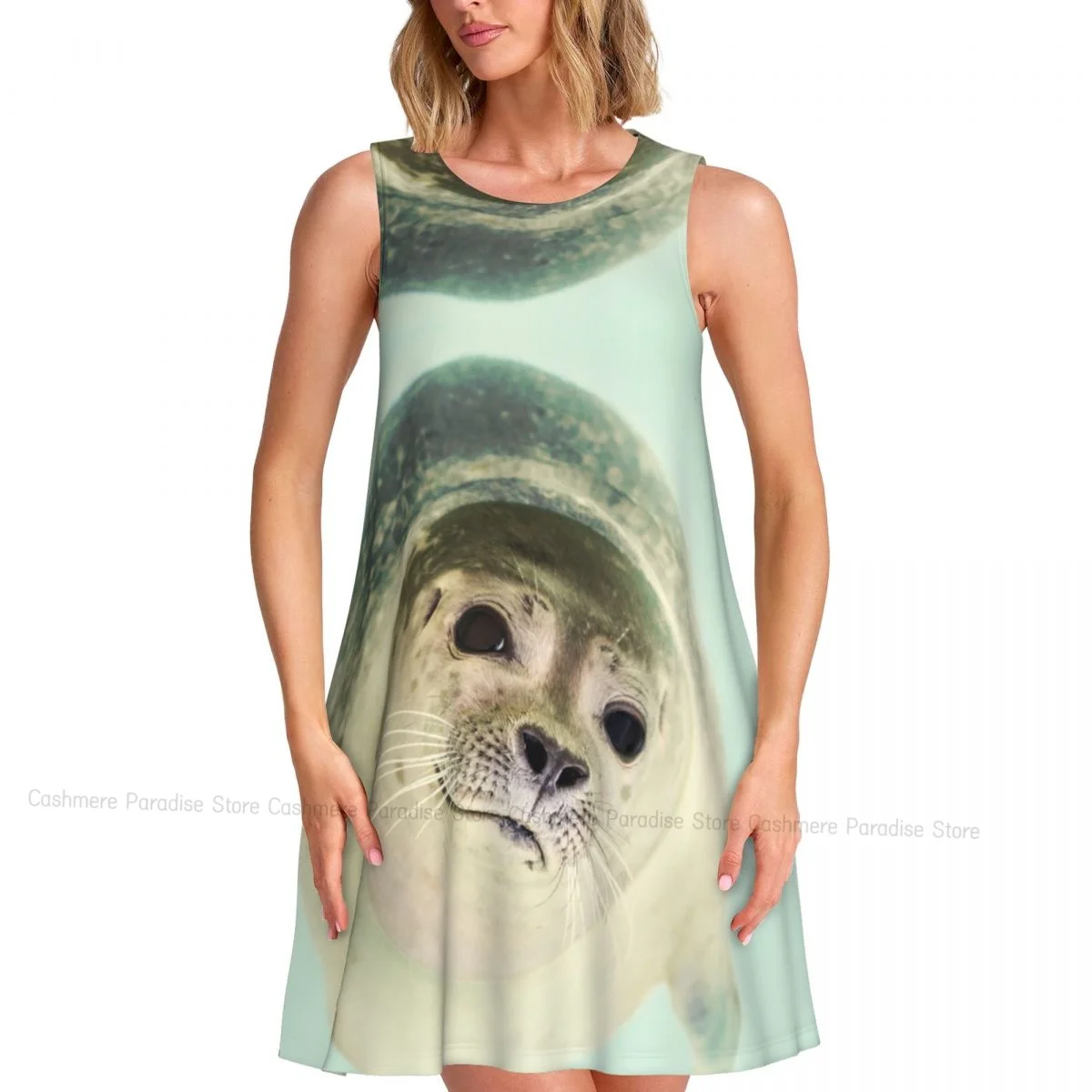 Summer Dresses for Women 2025 Beach Tshirt Sundress Sleeveless Seal Face Casual Loose Tank Dress