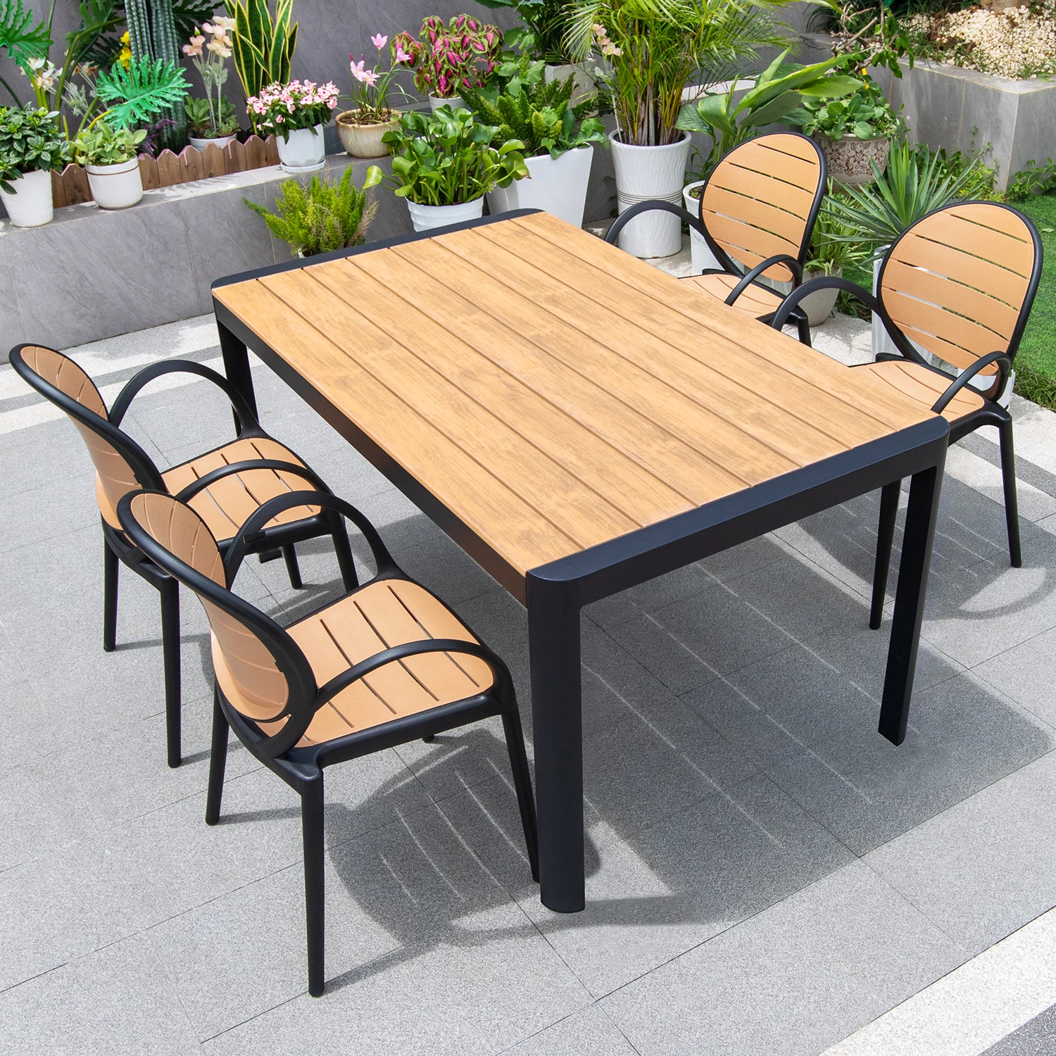 Plastic Wood Metal Frame Round Square Rectangular Outdoor Furniture Set Waterproof Patio Table and 4 Chairs for Dining
