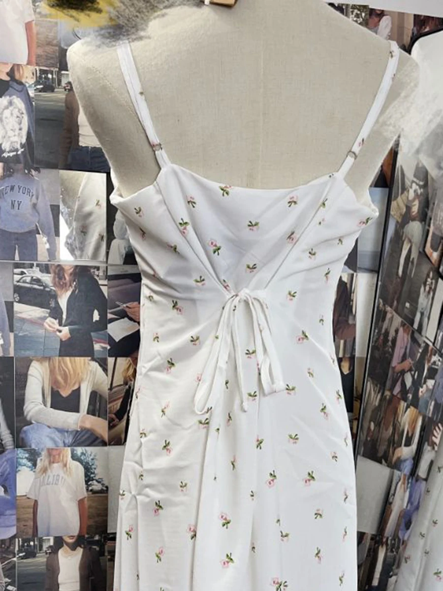 Dulce estampado Floral Sexy espalda descubierta Camis vestido de mujer de verano de gasa de cintura alta sin mangas Vestidos largos Vintage lindo Y2K Vestidos