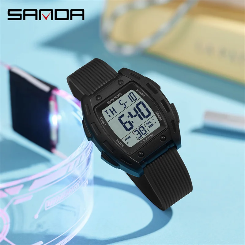SANDA New Sports Electronic Student Waterproof Colorful Barrelshaped Multifunctional Fashion Single Display Alarm Men's Watch