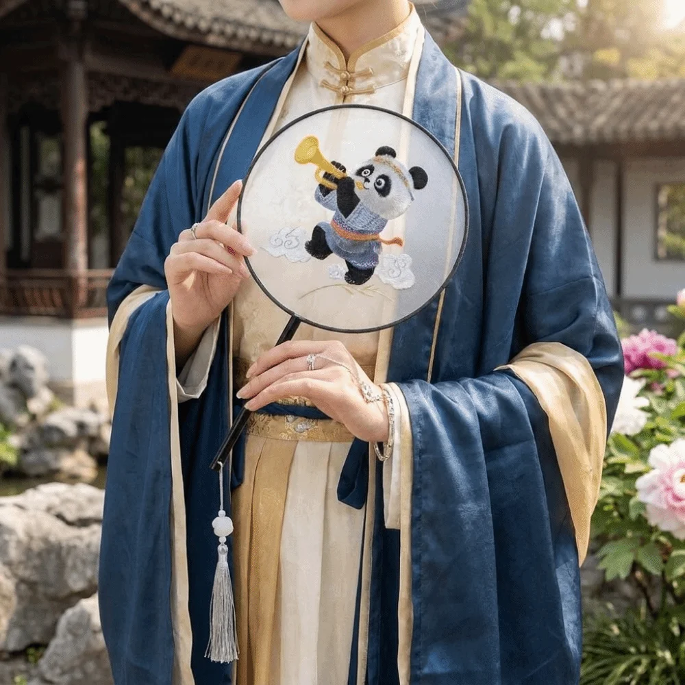 Wooden Handle Double Sided Embroidery Fan Flower Pattern with Tassel Embroidered Silk Fan Handheld Ancient Style Round Fan