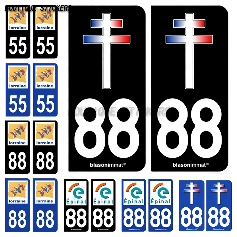 

2Pcs Autocollant plaque d'immatriculation française noir bleu 55、88 Région Lorraine C-Epinal-Ville-Croix de Lorraine PVCstickers