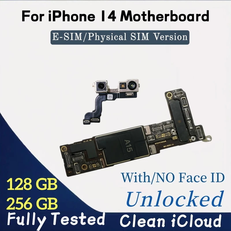 Placa Base Desbloqueada para iPhone 14, iCloud Limpio, Con/Sin Face ID, Versión SIM y E-SIM, Compatible con Actualizaciones de iOS, Repuesto