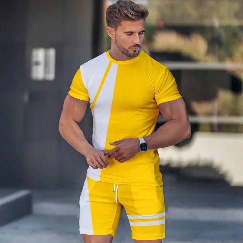 Summer 2025 Men's Beach Shorts Set 3D Printed Simple Casual Style Short Sleeved T-shirt Shorts 2-piece Set Loose Sports