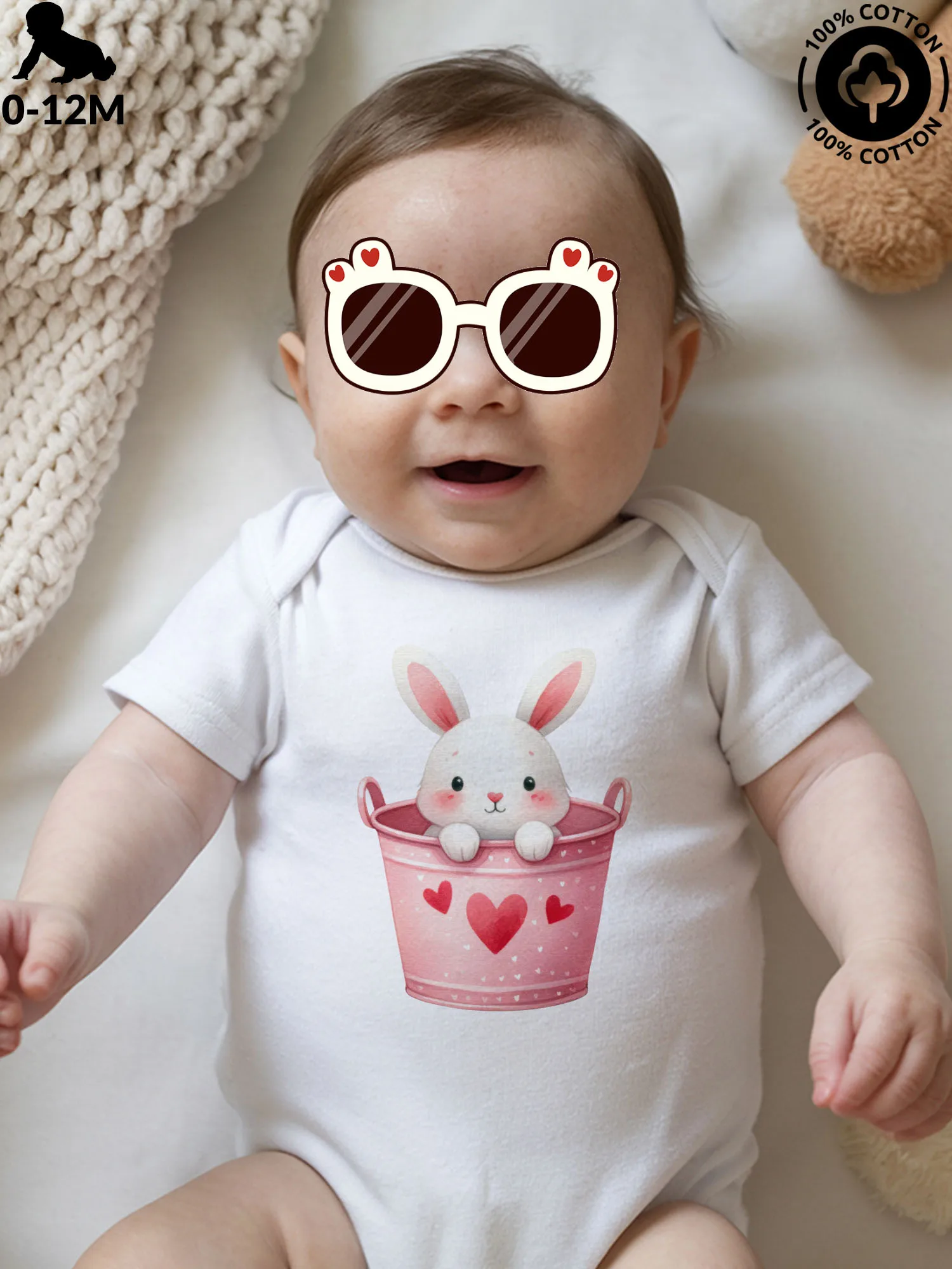 

Детский костюм для ползания унисекс с зайчиком на день Святого Валентина, мягкий комбинезон из чистого хлопка, белое боди для всесезонной одежды 190GSM