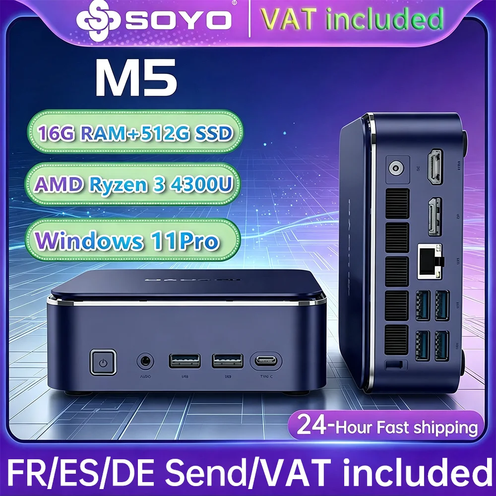 SOYO M5 Mini-PC AMD Ryzen 3 4300U LPDDR4 16GB RAM 512GB ROM Windows 11 Pro Mini-Desktop-Computer Dual 4K Multi-Screen-Ausgang WLAN Bluetooth Gigabit LAN Type-C Kompakter Micro-PC für Home Office
