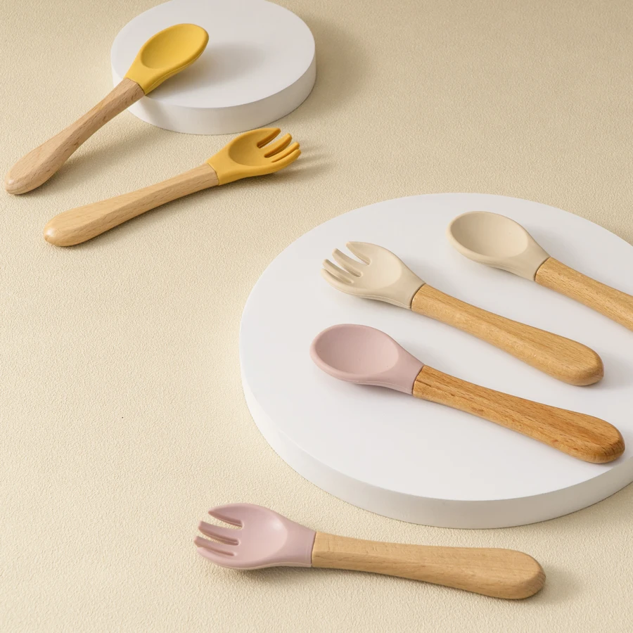 2PCS/Set Silicone Baby Spoon Fork Feeding Training Cutlery Wooden Handle Baby Utensils Children Care Tools Baby Tableware