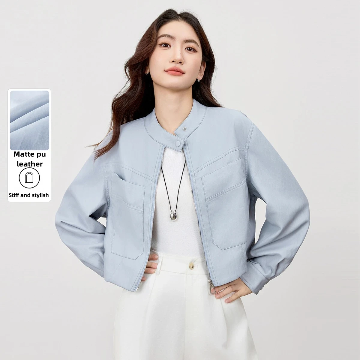 

SENTUBILA Women's PU Leather Jacket 2025 Autumn Stand-up Collar Metal Zipper Front Matte Texture Coat Commuter Outwear W53GA3324