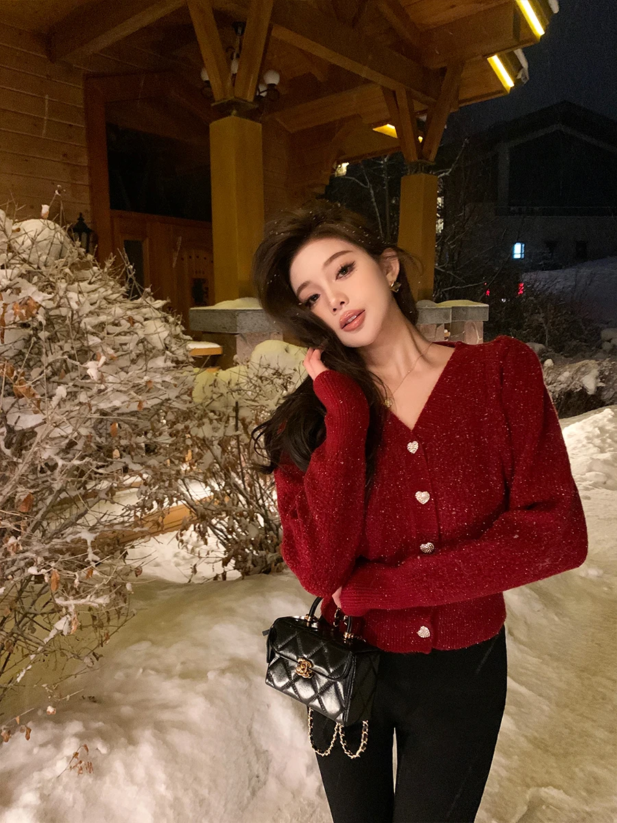 

x Stevens Pure Desire V-Ne трикотаж женский весенне-осенний базовый слой верхний внутренний свитер красный Cisas Новый год