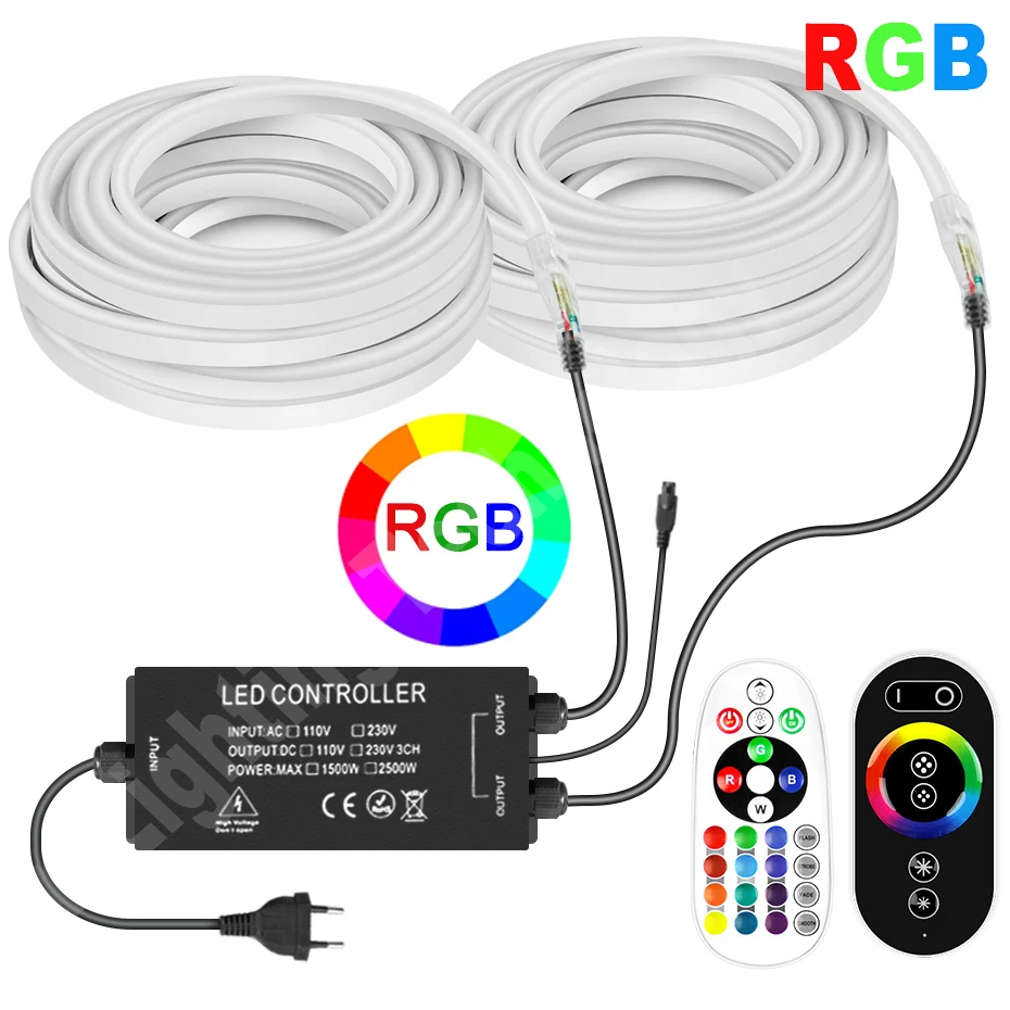 

2500W Waterproof 220V RGB Neon Strip Light 1m-100m Flexible Tape Rope Light 5050 IR/RF Touch Remote Controller for Home Decor