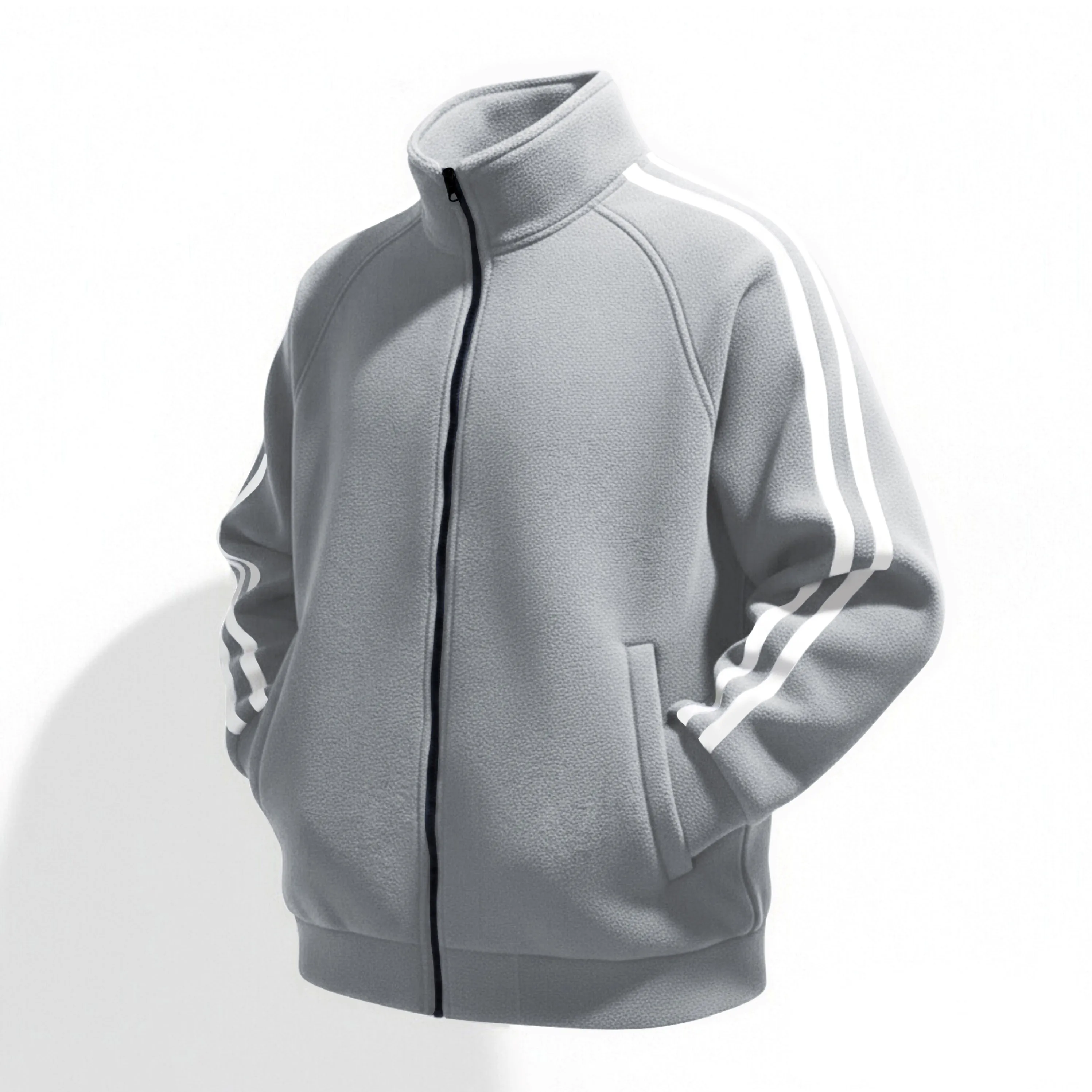 

Men's fashionable fleece cardigan with pockets for autumn and winter, featuring a unique two-stripe design on the shoulders