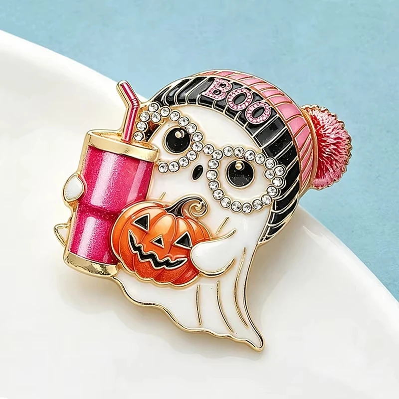 FTCY Lovely Ghost Brooches For Unisex Wear Hat Taking Straw-cup Specter Brooch Halloween Party Pins Gifts