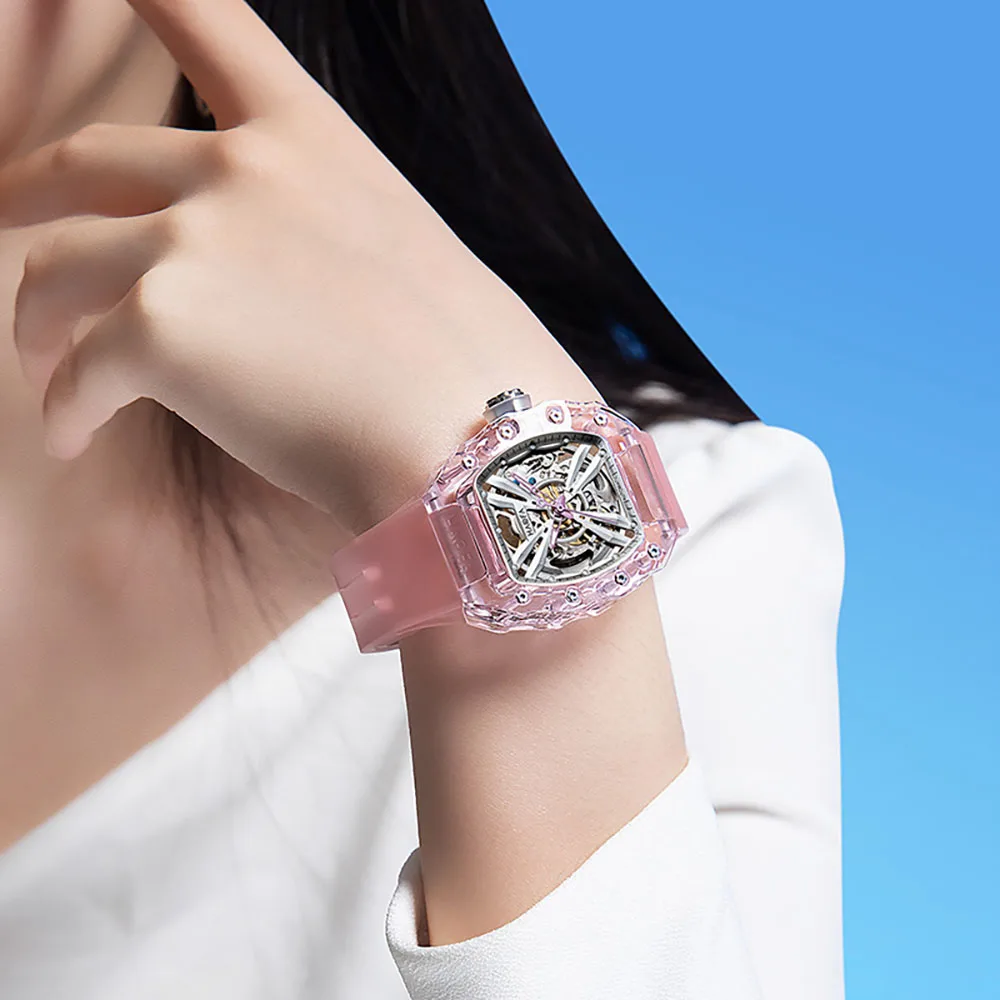 

Haofa автоматические кристально прозрачные часы женские механические часы с полым стволом светящиеся несколько цветов женские часы 2302