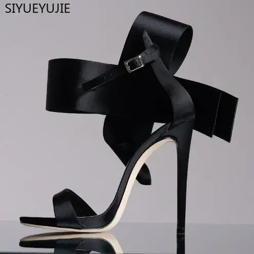 Summer Red Black Green Satin Big Butterfly Knot High Heel Sandals Sexy Women Night Club Bow Tie One Line Ankle Strap Heels Shoes