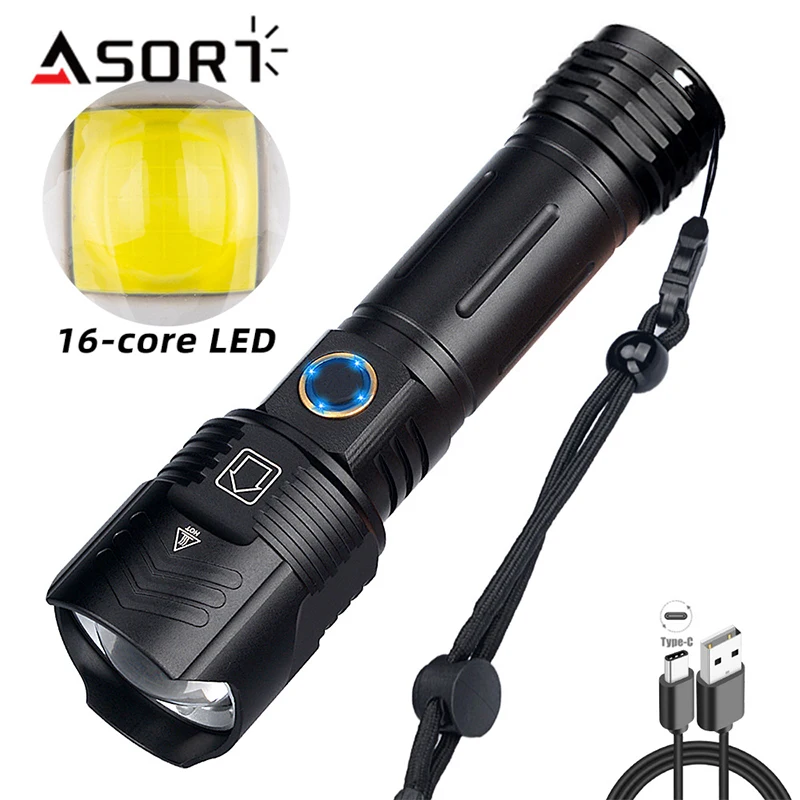 

Powerful LED Flashlight Type-C USB Rechargeable Lantern Zoom Long Shot Tactical Torch High Lumens Lamp For Outdoor Camping