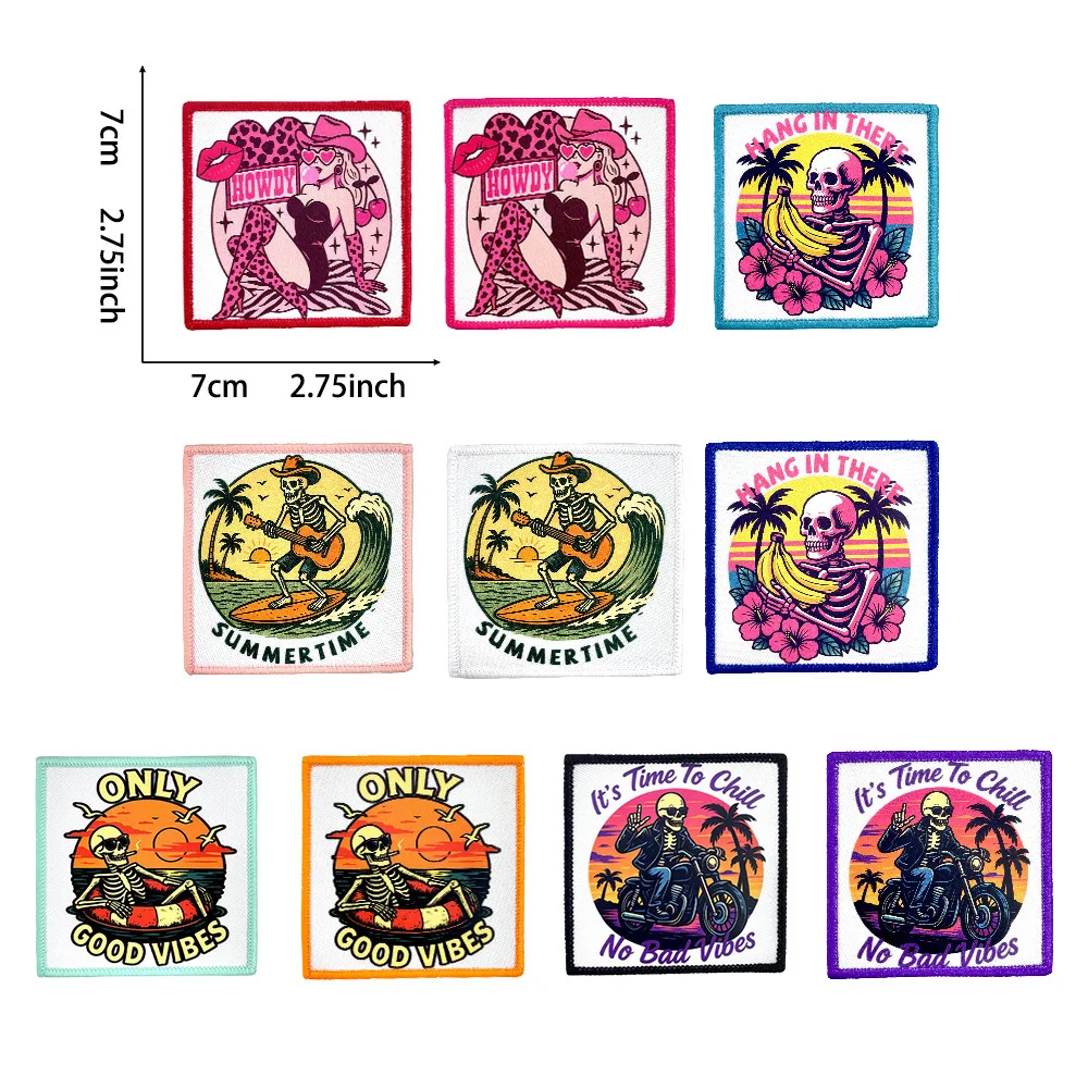 Cartoon Skull Circular Edge-locked Badge Embroidery Patch DIY Backpack T-shirt Iron on Patches Sewing Sticker Decor Applique