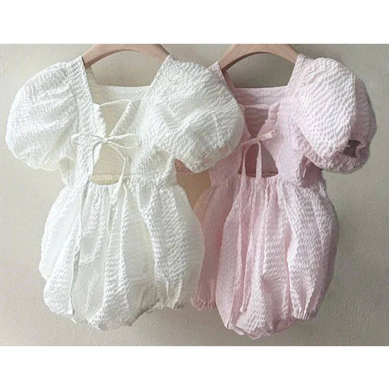Focusnorm 4 cores 0-18m adorável bebê meninas bolha macacão manga curta puff quadrado pescoço sem costas recém-nascido playsuit