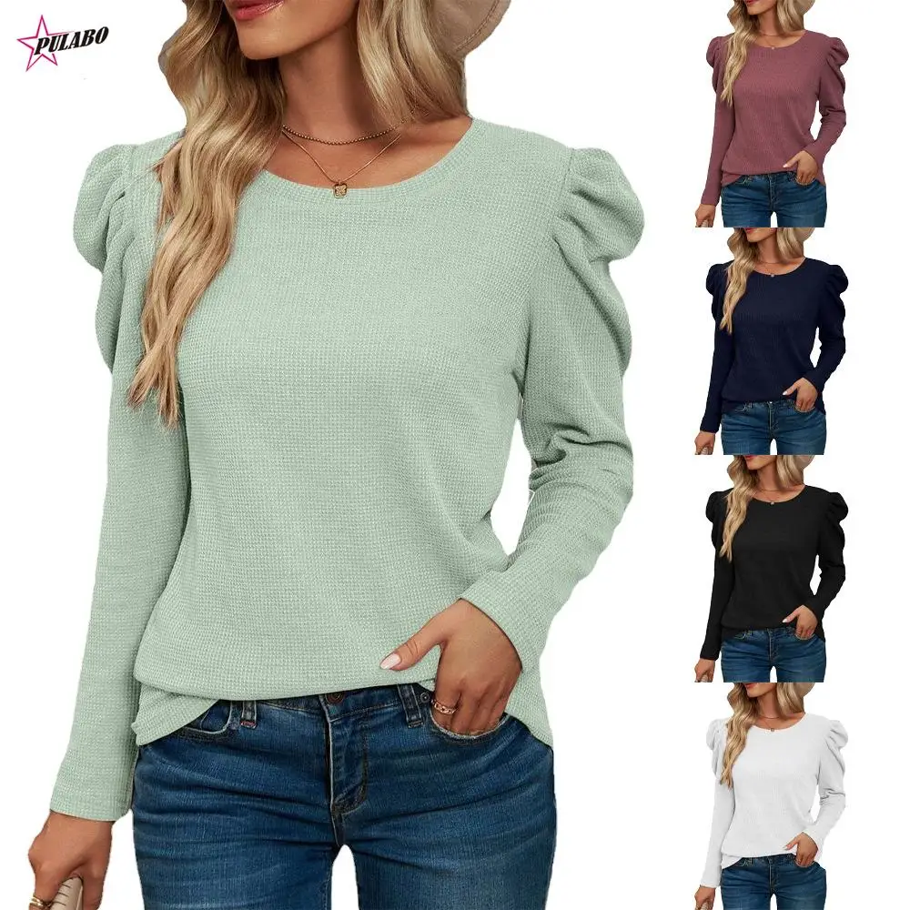 PULABO Autumn New European and American Style Long-Sleeve Pleated Patchwork Round Neck Waffle Cotton T-shirt Women's Top