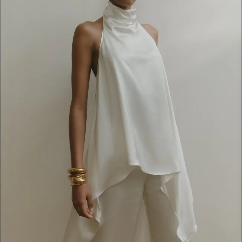 

Women's New Satin Neck Irregular Top Ice Silk Sleeveless Vest Temperament Celebrity Shirt