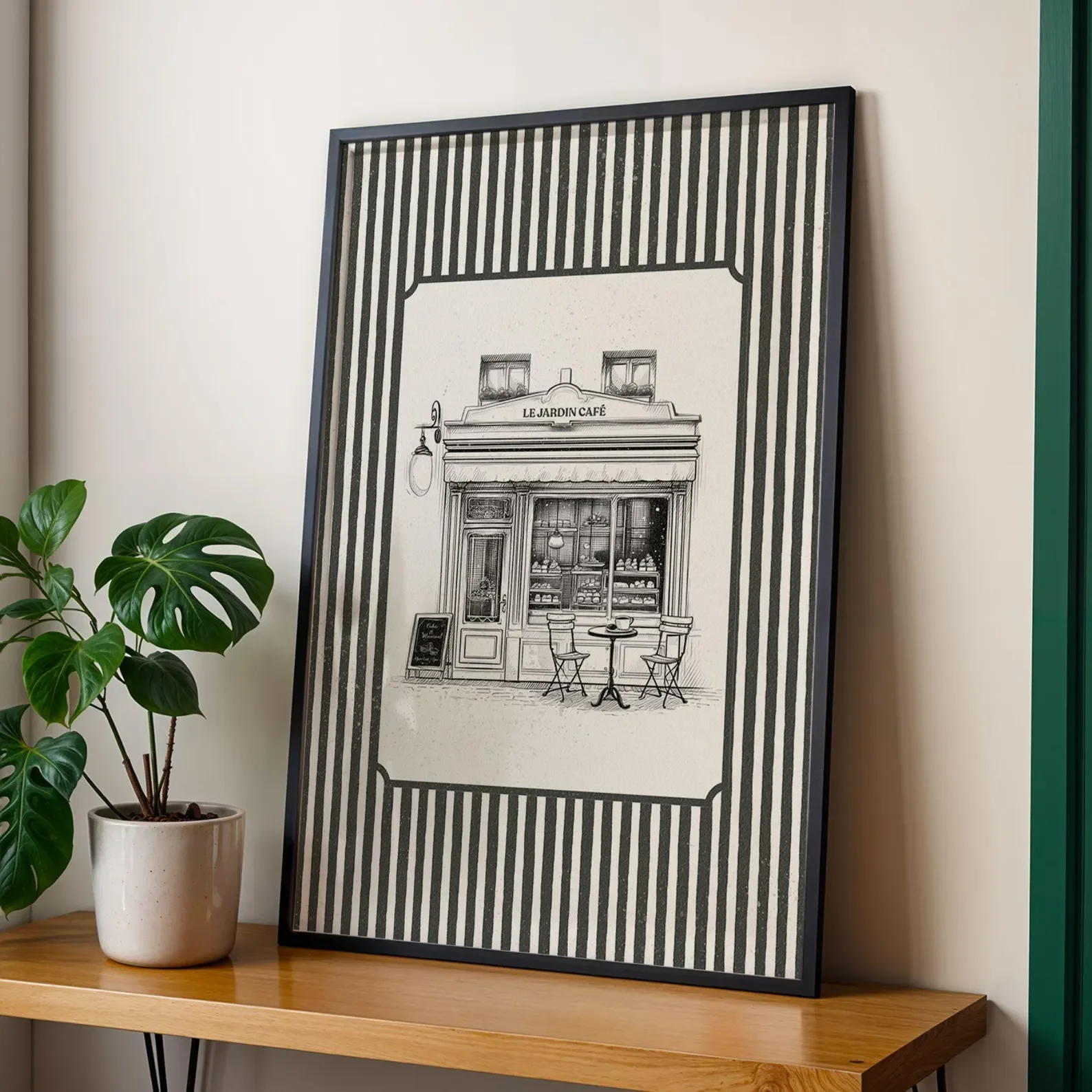 Le Jardin Café Poster Druck Feine Schwarze Tinte Französisches Café Strichzeichnung Salbeigrün Beige Gestreiftes Paris Wandkunst Druck Individuell