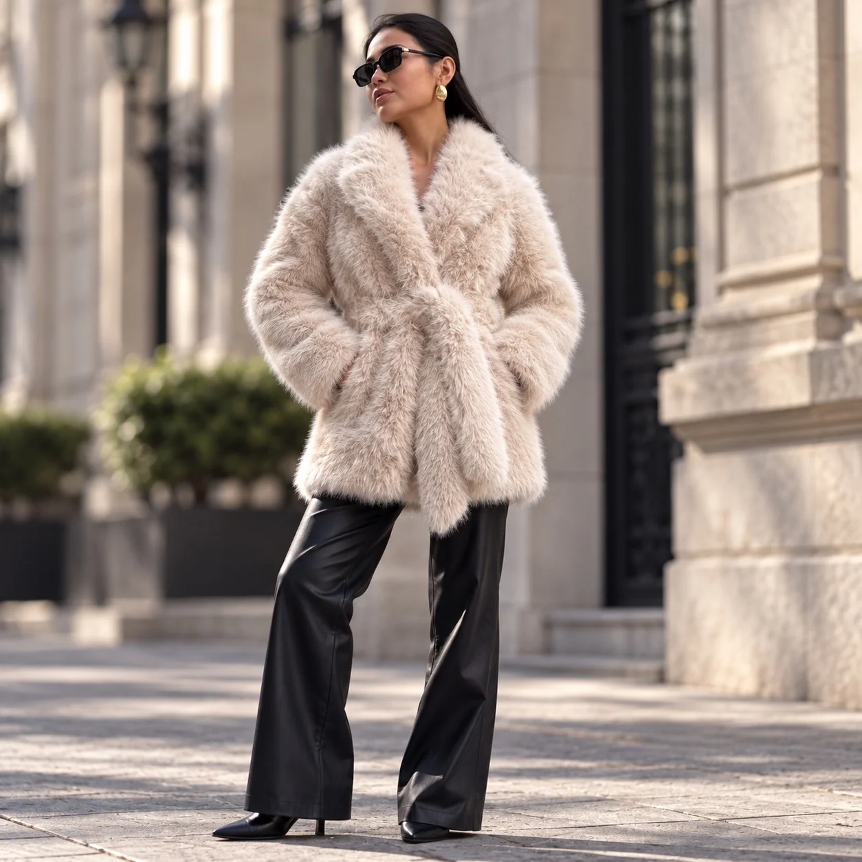 Pocket No Hood Mid Length Coat with Notched Lapel Long Sleeve European and American Style Streetwear Edgy Street Women Coat