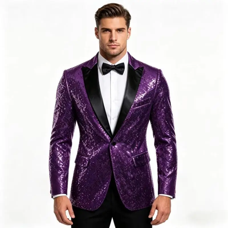 Men Glitter Sequins Tuxedo Blazer Black Satin Lapel One Button Suit Jacket Wedding Banquet Host Stage Performance Party Costume