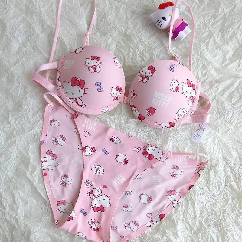 Hot 2Pcs Women Underwear Set Hello Kitty Anime Kawaii Cotton Small Breasts Bra Underpants Student Girl Sweet Comfort Soft Clothe