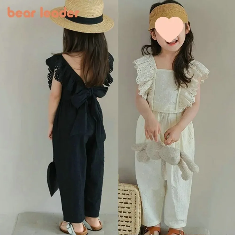 Bear Leader Summer Solid Color Sweet Girls' Clothing Korean Version Sleeveless Square Neck Top + Pants Kids Casual Two-piece Set