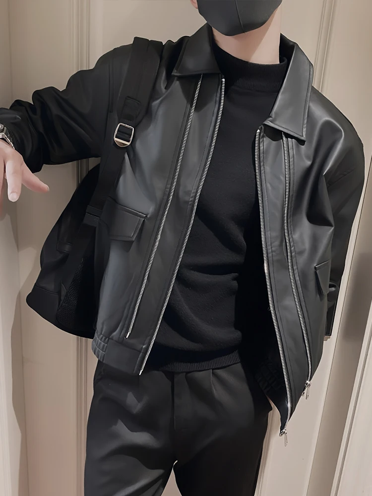 

Casual Bla Leather Jaet Men's Loose Fit Biker Sle Spring Autumn New Faion Brand Stand Collar Warm PU Leather Coat