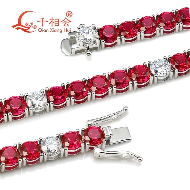 Pulsera de tenis de rubí de color rojo cultivado en laboratorio de 3mm, 4mm, 5mm y 6,5mm, pulsera de moissanita blanca de plata S925, regalo de joyería para fiesta para hombres y mujeres