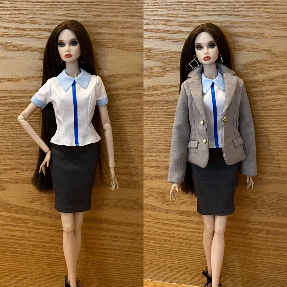 

Handmade 1/6 White Shirt Light Gray Suit Jacket Dark Gray Skirt Secretary Professional Suit Fit IT PP FR2 ST Supermodel Body