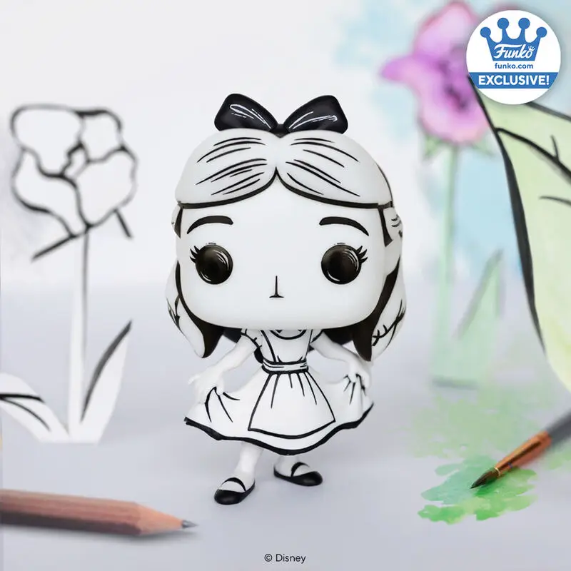 디즈니 Funko 팝 앨리스 장난감 모델 카와이 블랙 화이트 스케치 스타일 애니메이션 그림 인형 어린이 선물 소녀 방 장식품