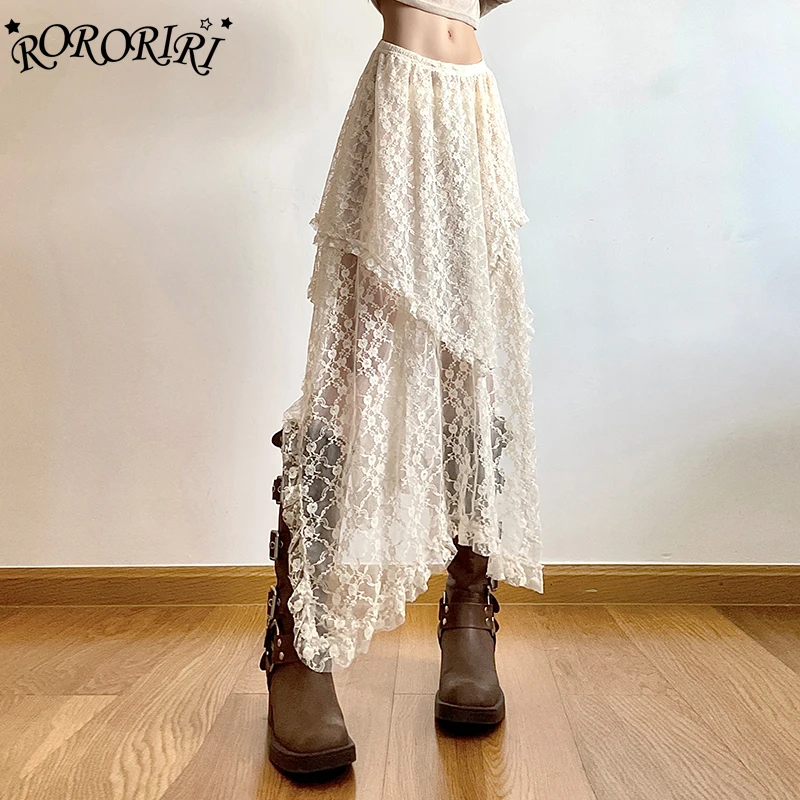 RORORIRI Swing Ruffle Hem Lace Skirt Women Holiday Bohemia Midi Long Elastic Waist Casual Layered Cake Skirt Vintage Clothing