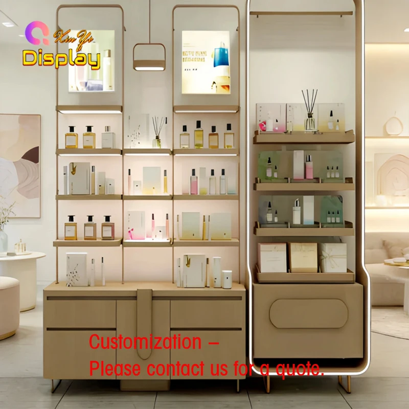 custom.Modern High-End LED-Lit Scent Display Counter with 360-Degree View Wooden MDF Showcase Luxury Fragrance