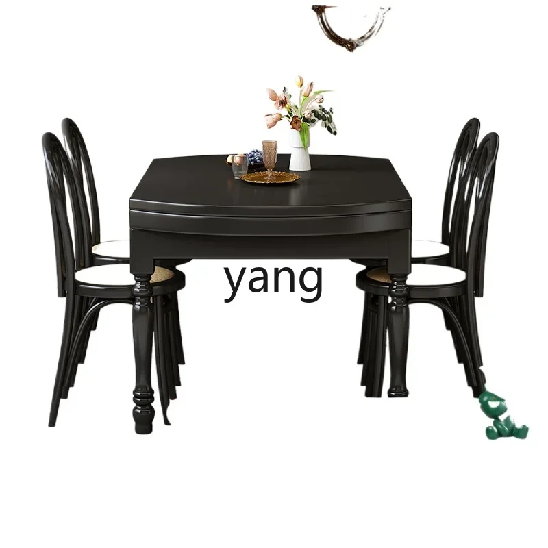 LH all solid wood retractable round dining table small apartment household black cream wind folding square table