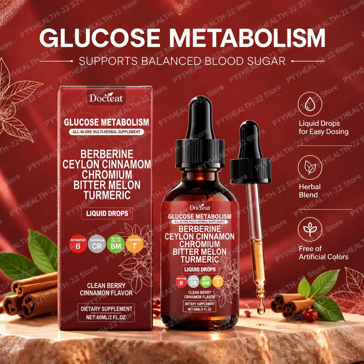 Glucose Metabolism Liquid Drops with Berberine HCl, Ceylon Cinnamon,Bitter Melon, Glucose Metabolism & Blood Sugar Balance, 60ml