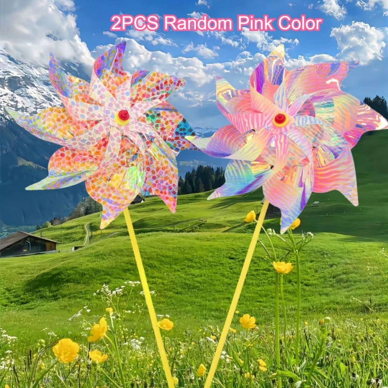 2 Pack octagonal rainbow flower windmills, striped small floral glitter pink windmills- Sparkling Bird & Insect Repellent Wheel.