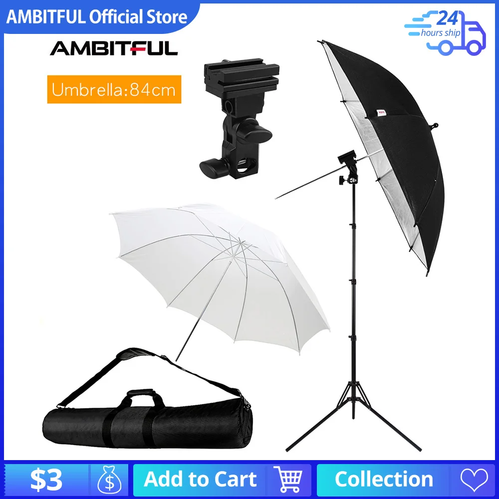 

4 Section 180cm Folding Light Stand + 33" Soft light & Reflective Umbrella + Hot Shoe Adapter + Carrying Bag