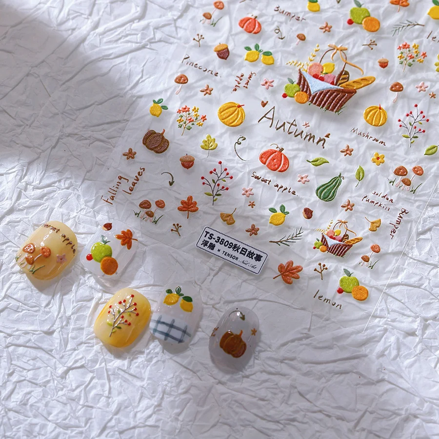 3D-Maniküre-Abziehbilder, Zitrone, Apfel, Früchte, Kürbis, Pilz, Ahornblatt, Ginkgo, Biloba, geprägt, selbstklebende Nagelkunst-Aufkleber, Herbst