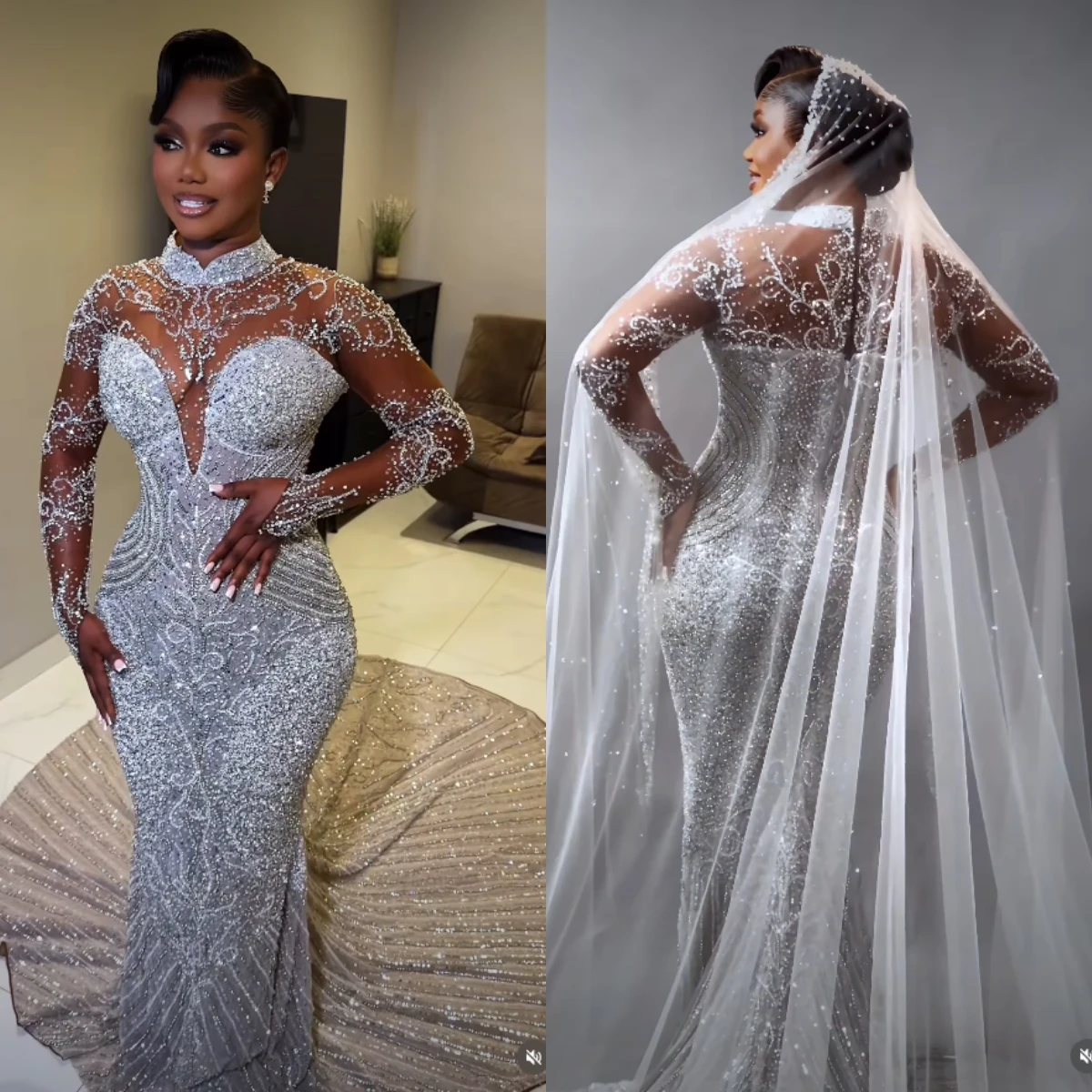 High Neck Sheer Long Sleeve Rhinestone Mermaid Wedding Dress Deep V Illusion African Bridal Gown Vestido De Novia Customized
