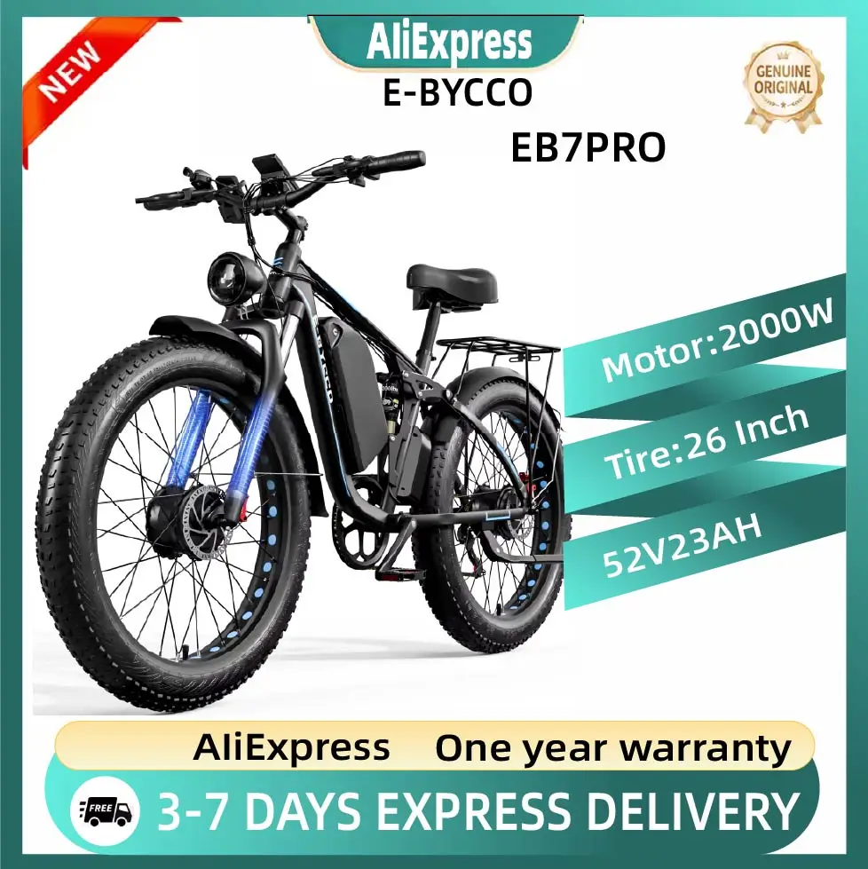 Vélo électrique E-BYCCO EB7Pro, moteur 2000W, batterie étanche 52V 23AH, pneus tout-terrain 26x4.0, vélo électrique tout-terrain