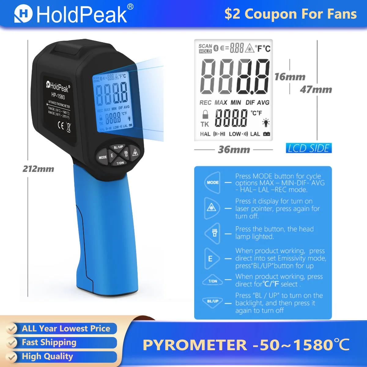 

HoldPeak HP-1580 Digital infrared pyrometer instrumentation -50 to 1580°C temperature gun non-contact industrial laser pyrometer
