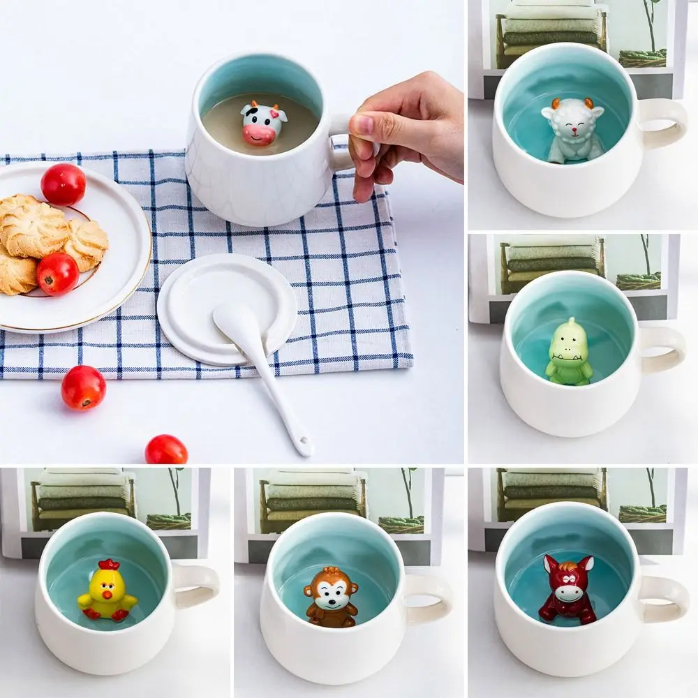 Taza de café 3D con estatuilla de animales de dibujos animados, taza de té con leche, taza de agua con tapa, cuchara, Taza de cerámica, regalo para niños