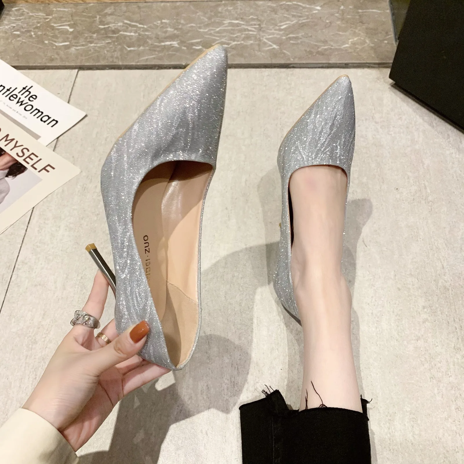 New Woman Pumps Silver Champagne High Heels Stiletto Wedding Shoes Sequins Women Heels Fashion Ladies Dress Party Shoe