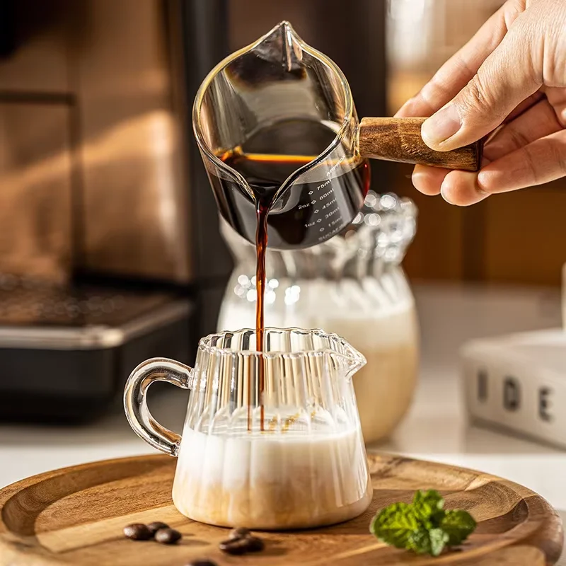 75ml Glass Espresso Measuring Cup Transparent Milk Jug Wood Handle Single Double Mouth Kitchen Measure Coffee Supplies Mug view 4