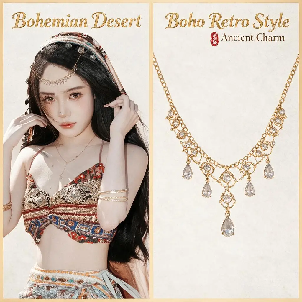 Vintage Chinese Hanfu Exotic Style Rhinestone Tassel Forehead Chain Tang Style Necklace Bindi Pendant Hair Accessory For Women